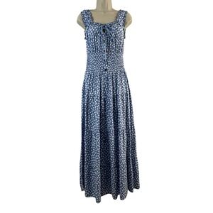 OSTOO Womens Blue White Polka Dot Smocked Tiered Viscose Maxi Dress Medium